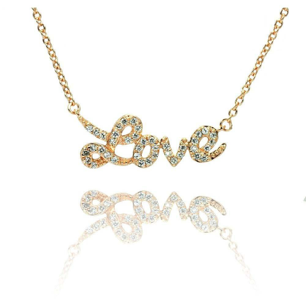 Sterling Silver Rose Gold Plated Necklace with Fancy Word  Love  Inlaid with Clear Czs PendantAnd Chain Length of 16 -18  AdjustableAnd Pendant Dimensions: 30MMx10MM