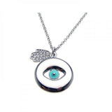 Sterling Silver Necklace with High Polished Round Evil Eye with Paved Czs Hamsa Pendant
