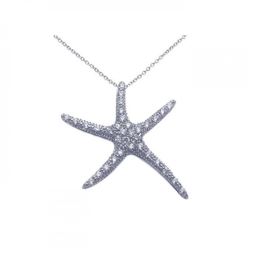 Sterling Silver Necklace with Fancy Starfish Covered with Micro Paved Clear Czs Pendant