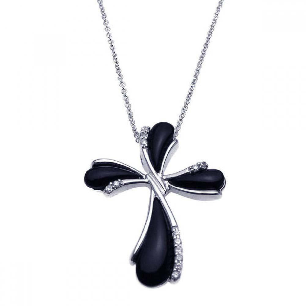 Sterling Silver Rhodium Plated Clear CZ Black Pear Cross Pendant Necklace