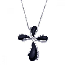 Load image into Gallery viewer, Sterling Silver Rhodium Plated Clear CZ Black Pear Cross Pendant Necklace