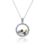 Sterling Silver Necklace with Fancy Paved Czs Glass Round Pendant with Multi-Colored Cz Flower Charms Inside