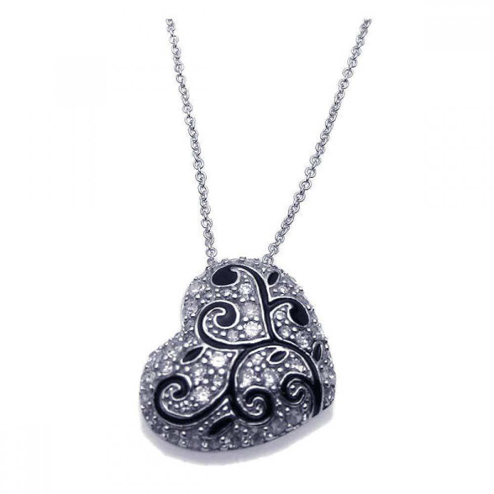 Sterling Silver Necklace with Fancy Heart Covered with Clear Czs with Black Enamel Flower Vine Design Pendant