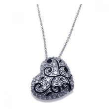 Load image into Gallery viewer, Sterling Silver Necklace with Fancy Heart Covered with Clear Czs with Black Enamel Flower Vine Design Pendant