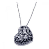 Sterling Silver Necklace with Fancy Heart Covered with Clear Czs with Black Enamel Flower Vine Design Pendant