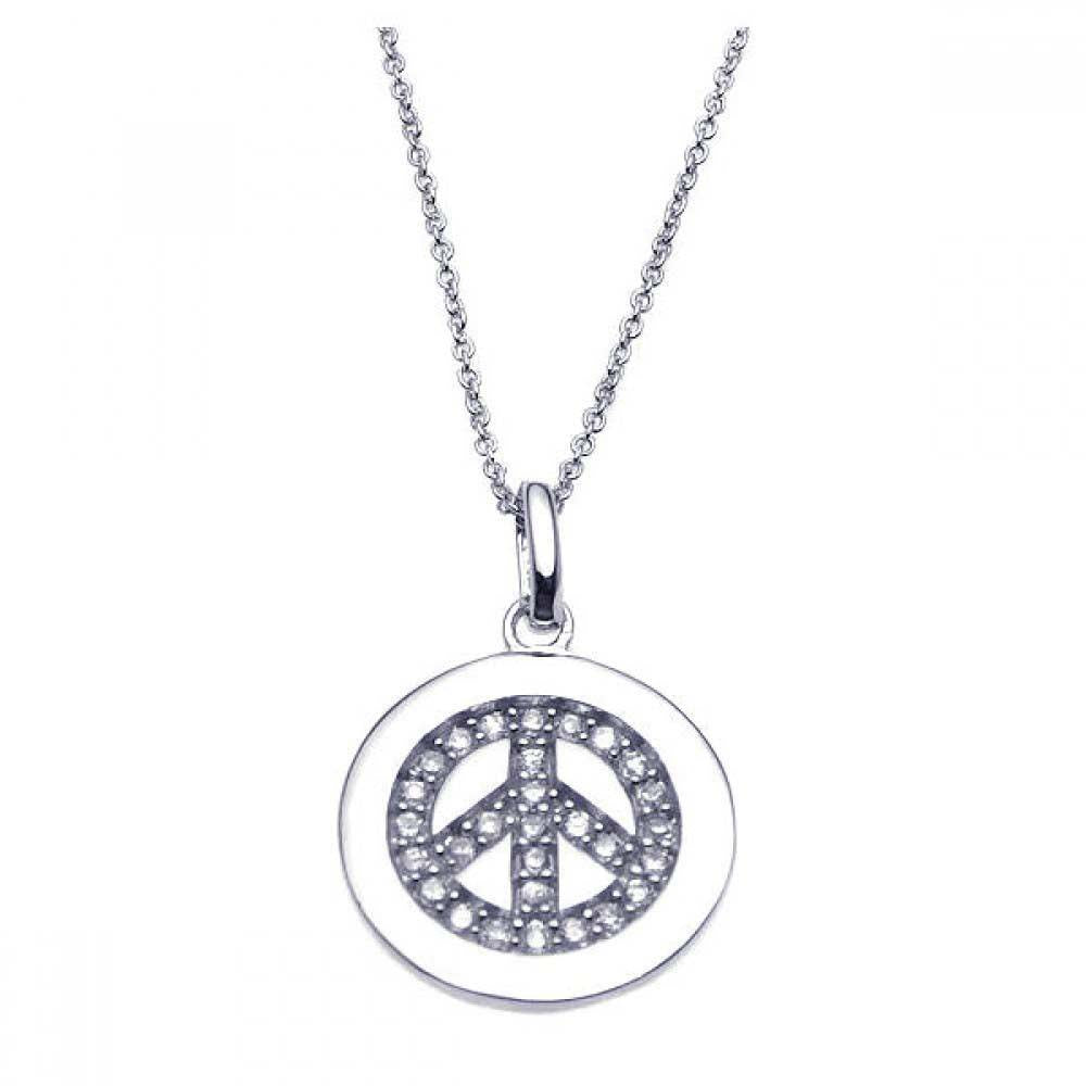 Sterling Silver Necklace with Fancy Peace Sign Inlaid with Clear Czs Pendant