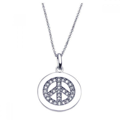 Sterling Silver Necklace with Fancy Peace Sign Inlaid with Clear Czs Pendant