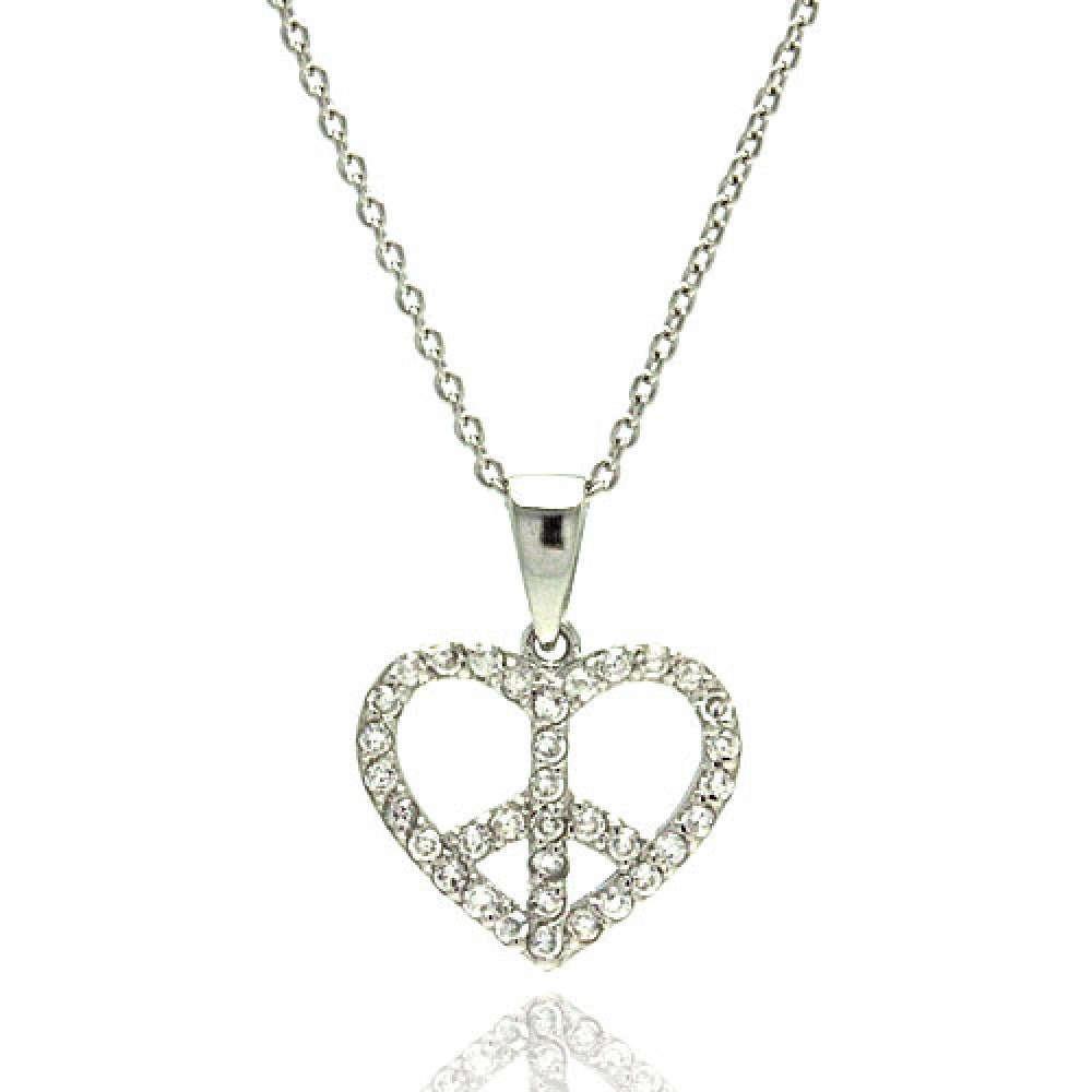 Sterling Silver Rhodium Plated Heart Peace Sign CZ Pendant Necklace