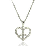 Sterling Silver Rhodium Plated Heart Peace Sign CZ Pendant Necklace