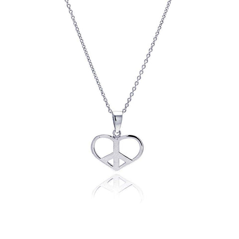 Sterling Silver Necklace with Small High Polished Peace Sign Heart Pendant