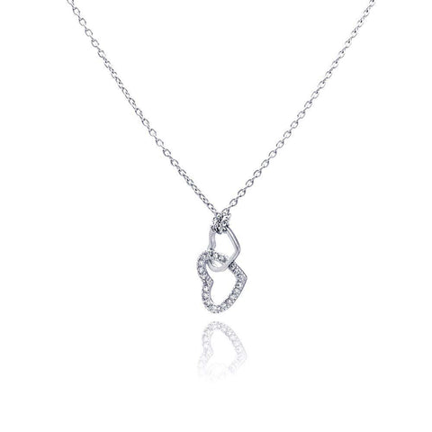 Sterling Silver Necklace with Trendy Double Heart Link Inlaid with Clear Czs Pendant