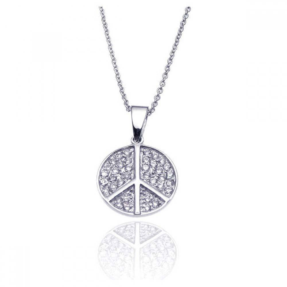 Sterling Silver Necklace with Fancy Paved Czs Peace Sign Pendant