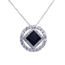 Load image into Gallery viewer, Sterling Silver Necklace with Paved Czs Round Frame Centered with Diamond Shaped Black Cz Pendant