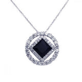 Sterling Silver Necklace with Paved Czs Round Frame Centered with Diamond Shaped Black Cz Pendant