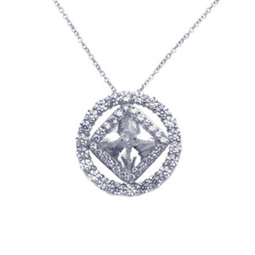 Sterling Silver Necklace with Paved Czs Round Frame Centered with Diamond Shaped Clear Cz Pendant