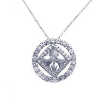 Load image into Gallery viewer, Sterling Silver Necklace with Paved Czs Round Frame Centered with Diamond Shaped Clear Cz Pendant