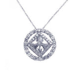 Sterling Silver Necklace with Paved Czs Round Frame Centered with Diamond Shaped Clear Cz Pendant