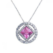 Load image into Gallery viewer, Sterling Silver Necklace with Paved Czs Round Frame Centered with Diamond Shaped Pink Cz Pendant
