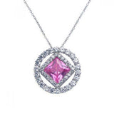 Sterling Silver Necklace with Paved Czs Round Frame Centered with Diamond Shaped Pink Cz Pendant