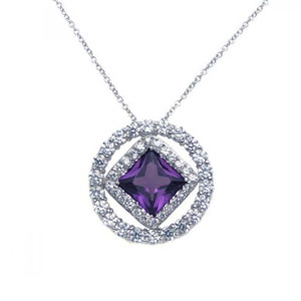 Sterling Silver Necklace with Paved Czs Round Frame Centered with Diamond Shaped Amethyst Cz Pendant