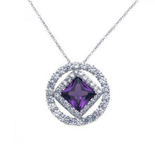 Load image into Gallery viewer, Sterling Silver Necklace with Paved Czs Round Frame Centered with Diamond Shaped Amethyst Cz Pendant