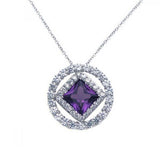 Sterling Silver Necklace with Paved Czs Round Frame Centered with Diamond Shaped Amethyst Cz Pendant