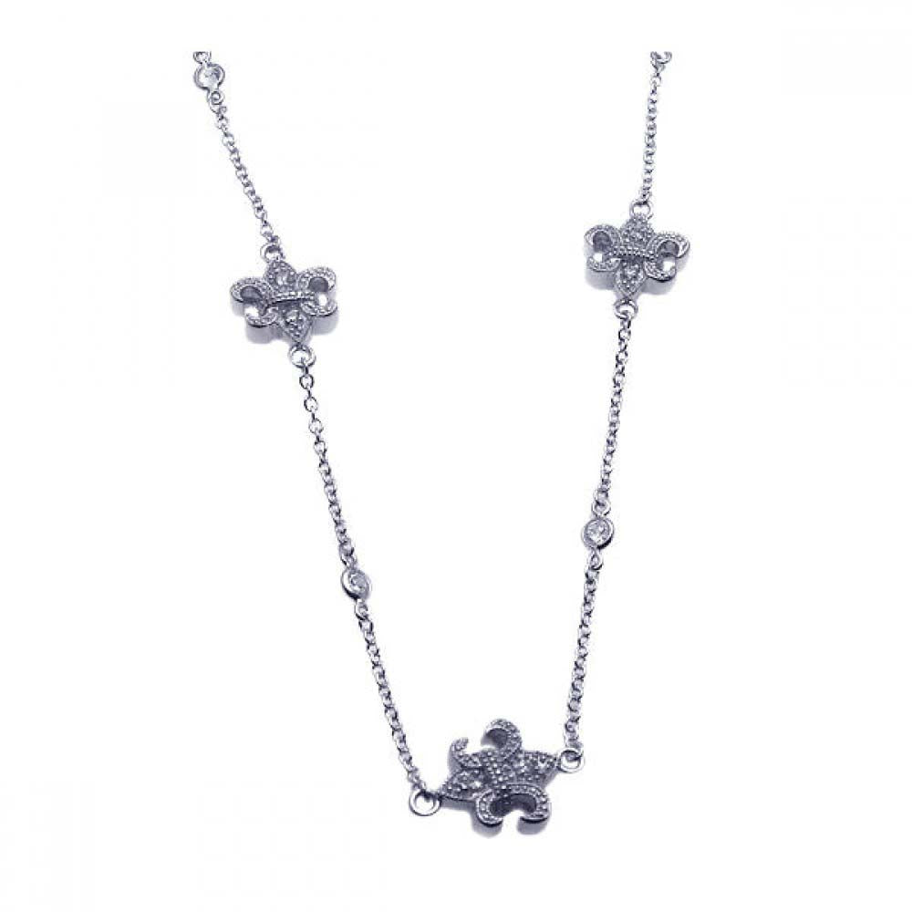 Sterling Silver Fancy Necklace with Round Cz and Paved Cz Fleur De Lis Connectors