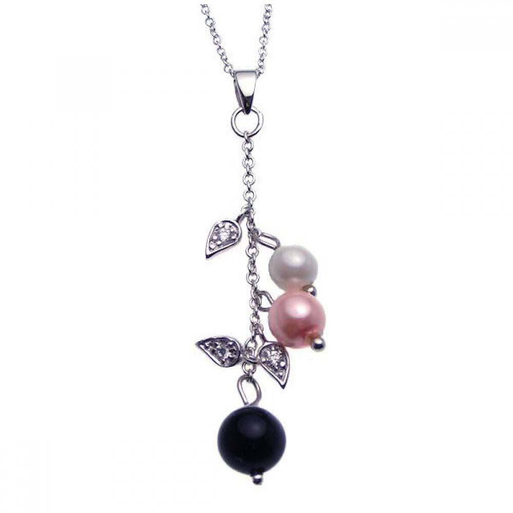 Sterling Silve Necklace with Fancy Cz Leaf and Pearls Dangling Pendant