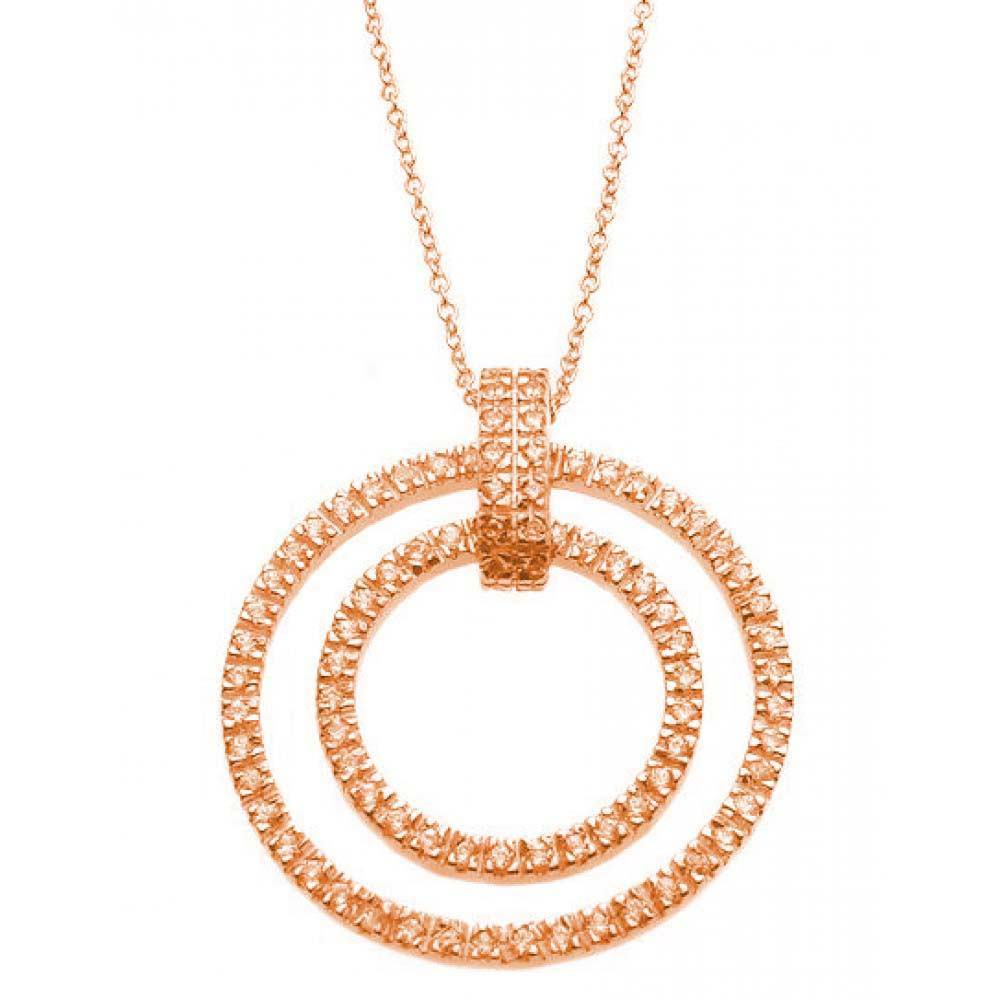 Sterling Silver Rose Gold Plated Necklace with Classy Double Open Circle Inlaid with Graduated Clear Czs Pendant