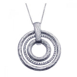 Sterling Silver Necklace with Fancy Graduated Open Circle Pendant with Texture Design and Clear Czs Inlaid