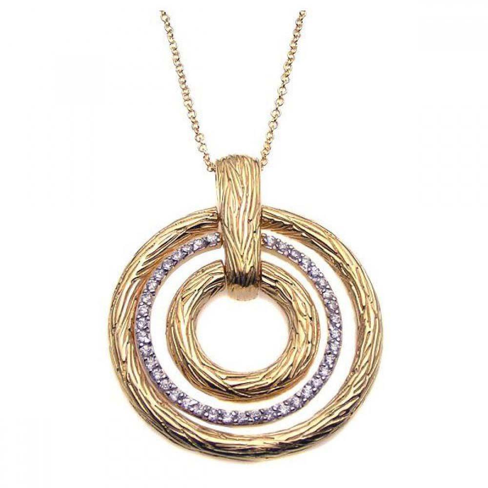 Sterling Silver Gold Plated Necklace with Fancy Graduated Open Circle Pendant with Texture Design and Clear Czs Inlaid
