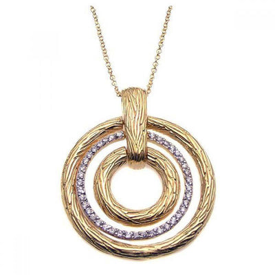 Sterling Silver Gold Plated Necklace with Fancy Graduated Open Circle Pendant with Texture Design and Clear Czs Inlaid
