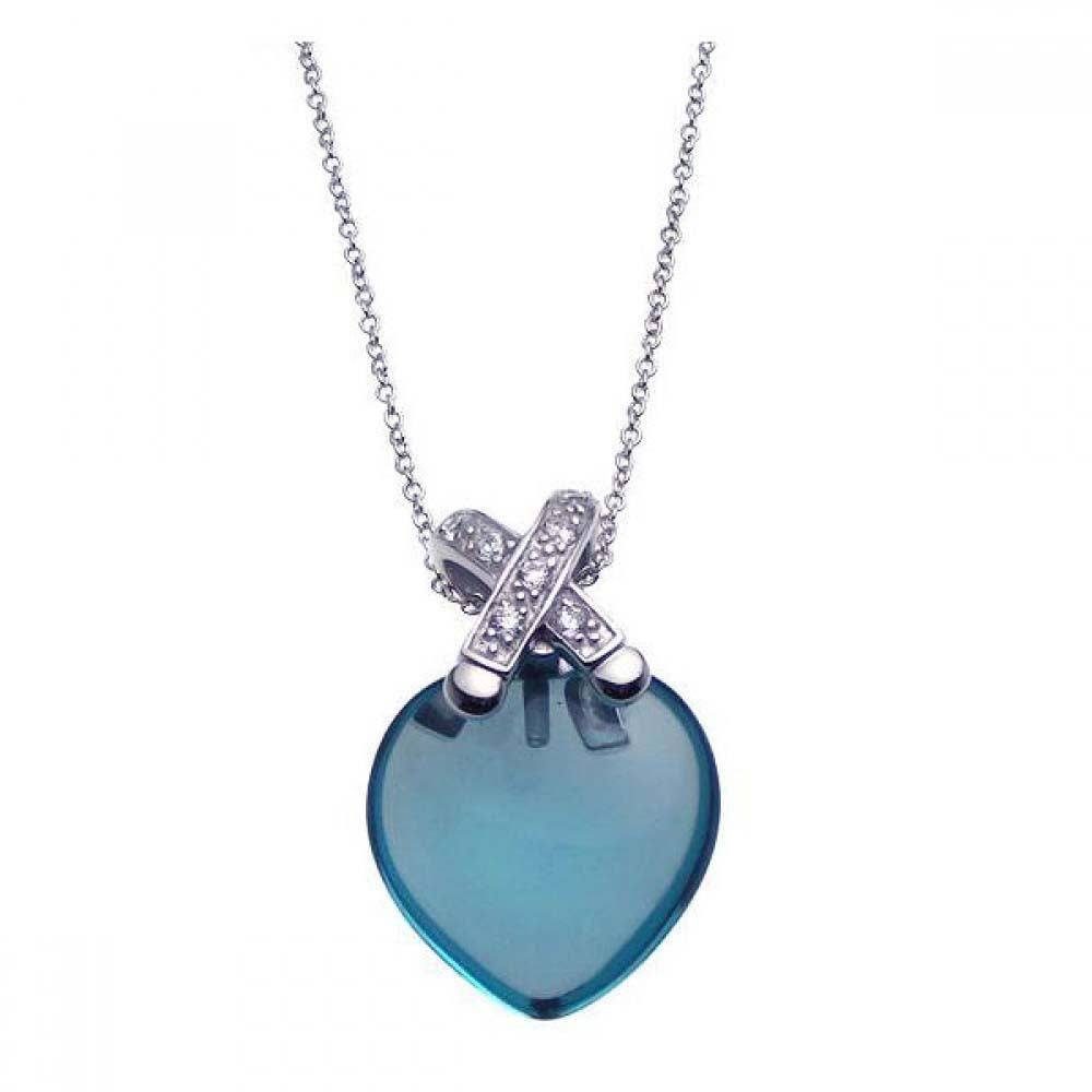 Sterling Silver Necklace with Classy Blue Heart and Ribbon Inlaid with Clear Czs Pendant