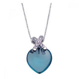 Sterling Silver Necklace with Classy Blue Heart and Ribbon Inlaid with Clear Czs Pendant