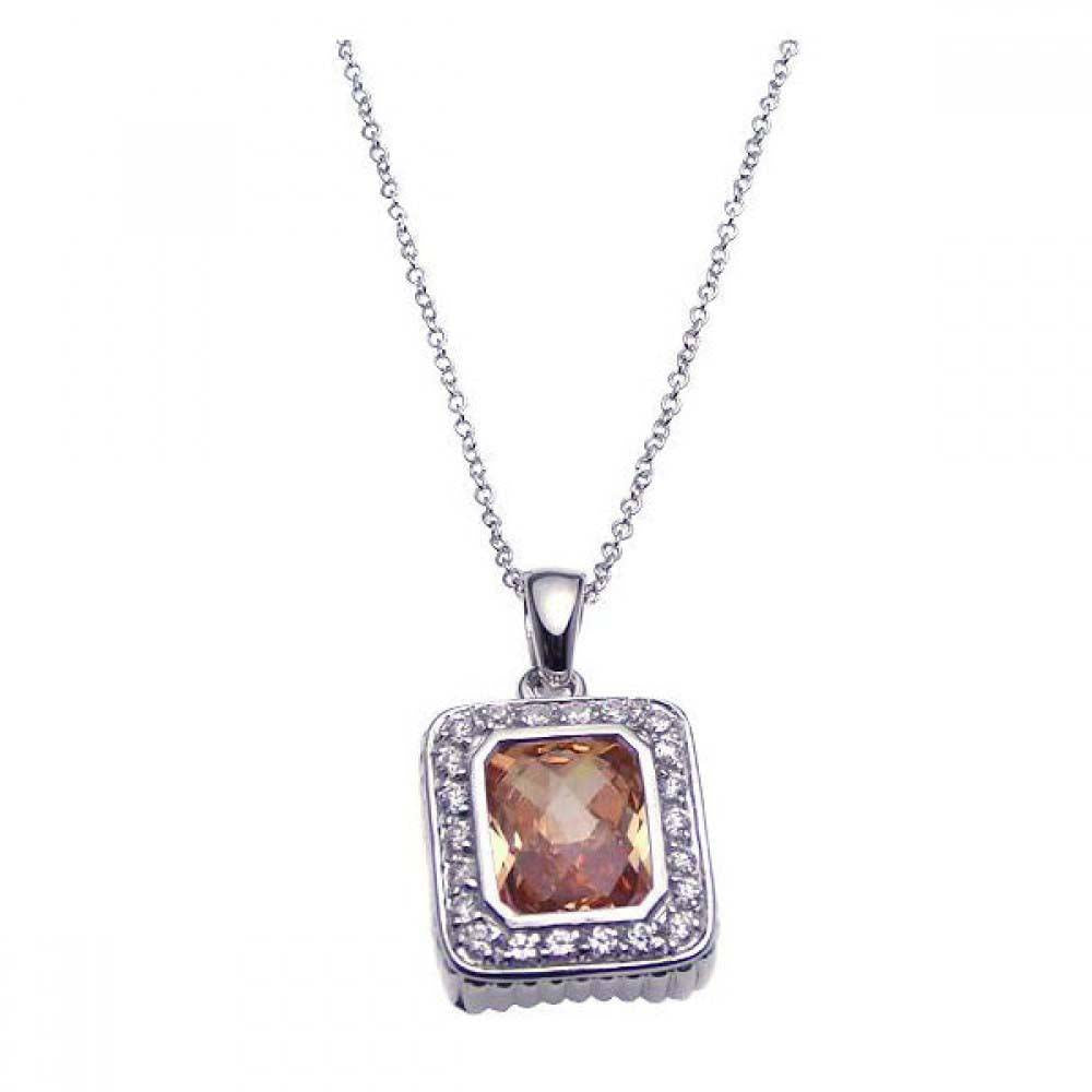 Sterling Silver Necklace with Elegant Paved Czs Frame Centered with Radiant Cut Champagne Cz Pendant