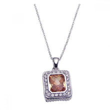 Load image into Gallery viewer, Sterling Silver Necklace with Elegant Paved Czs Frame Centered with Radiant Cut Champagne Cz Pendant
