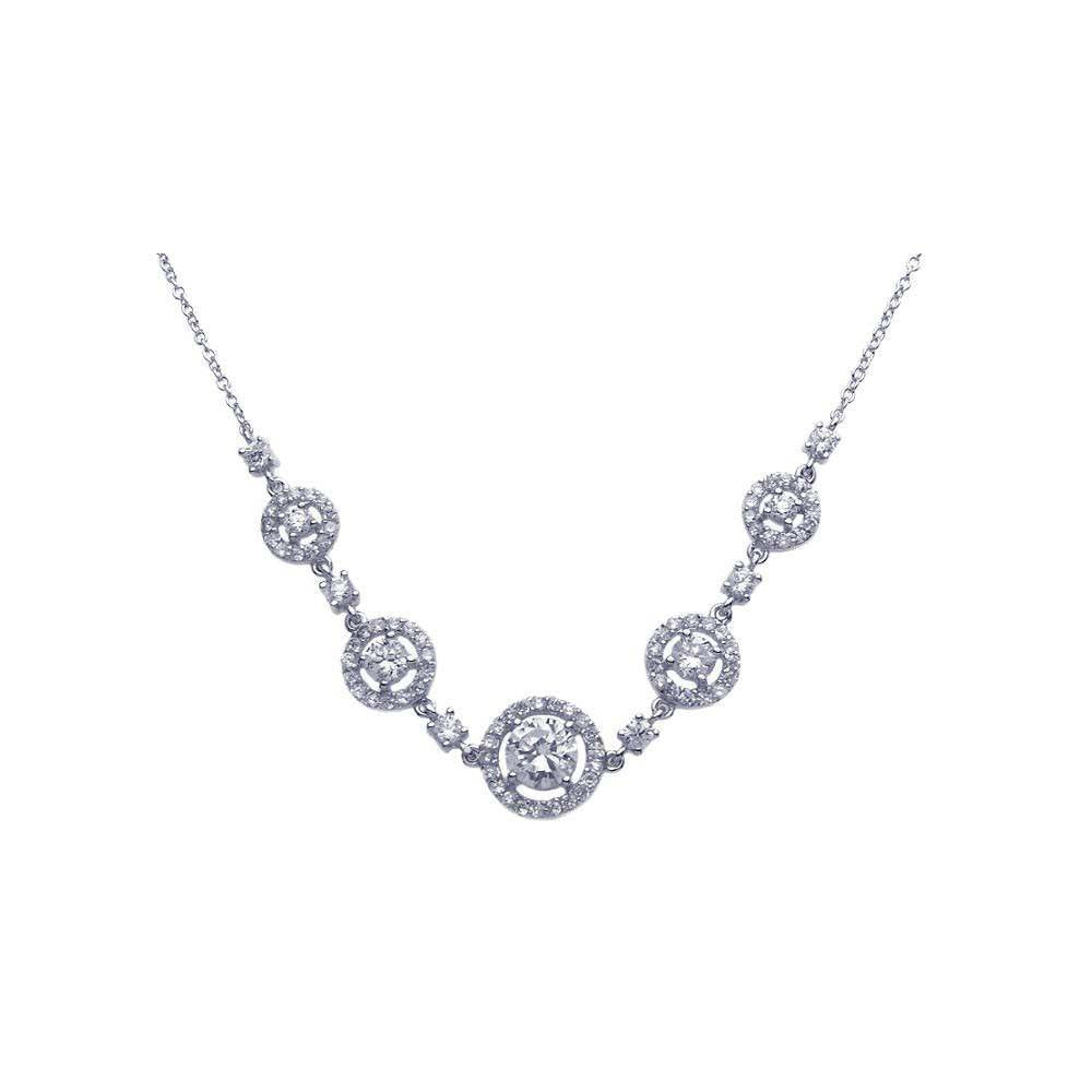 Sterling Silver Necklace with Elegant Graduated Round Clear Cz with Paved Halo Setting Pendant