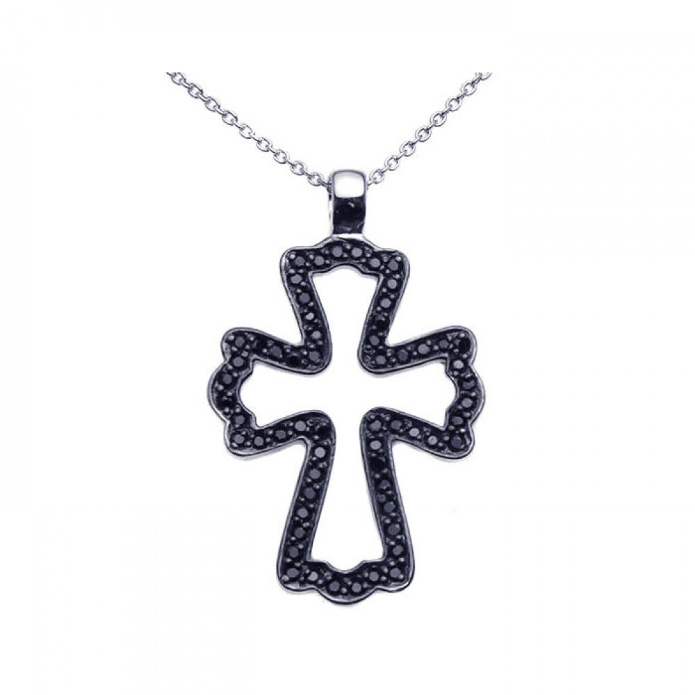 Sterling Silver Black Rhodium Plated Black CZ Cross Pendant Necklace