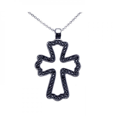 Sterling Silver Black Rhodium Plated Black CZ Cross Pendant Necklace