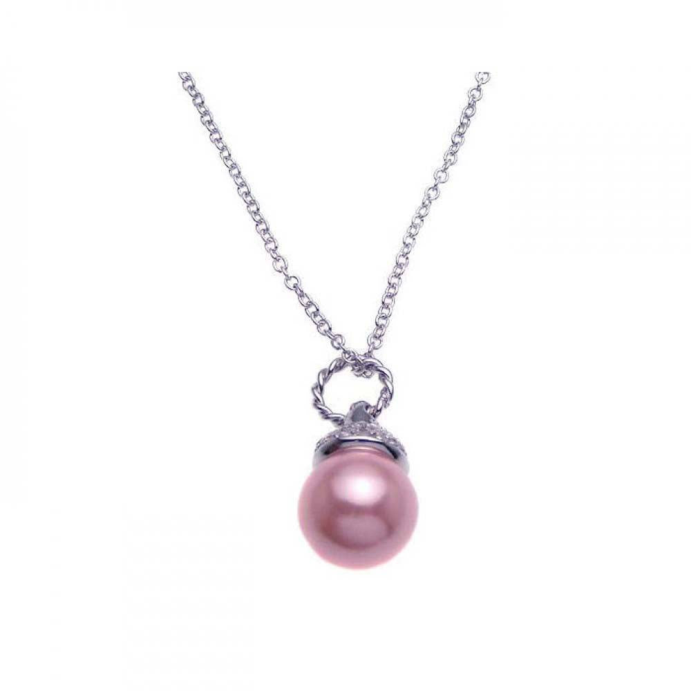 Sterling Silver Necklace with Pink Pearl on Fancy Pearl Cap Inlaid with Czs Pendant