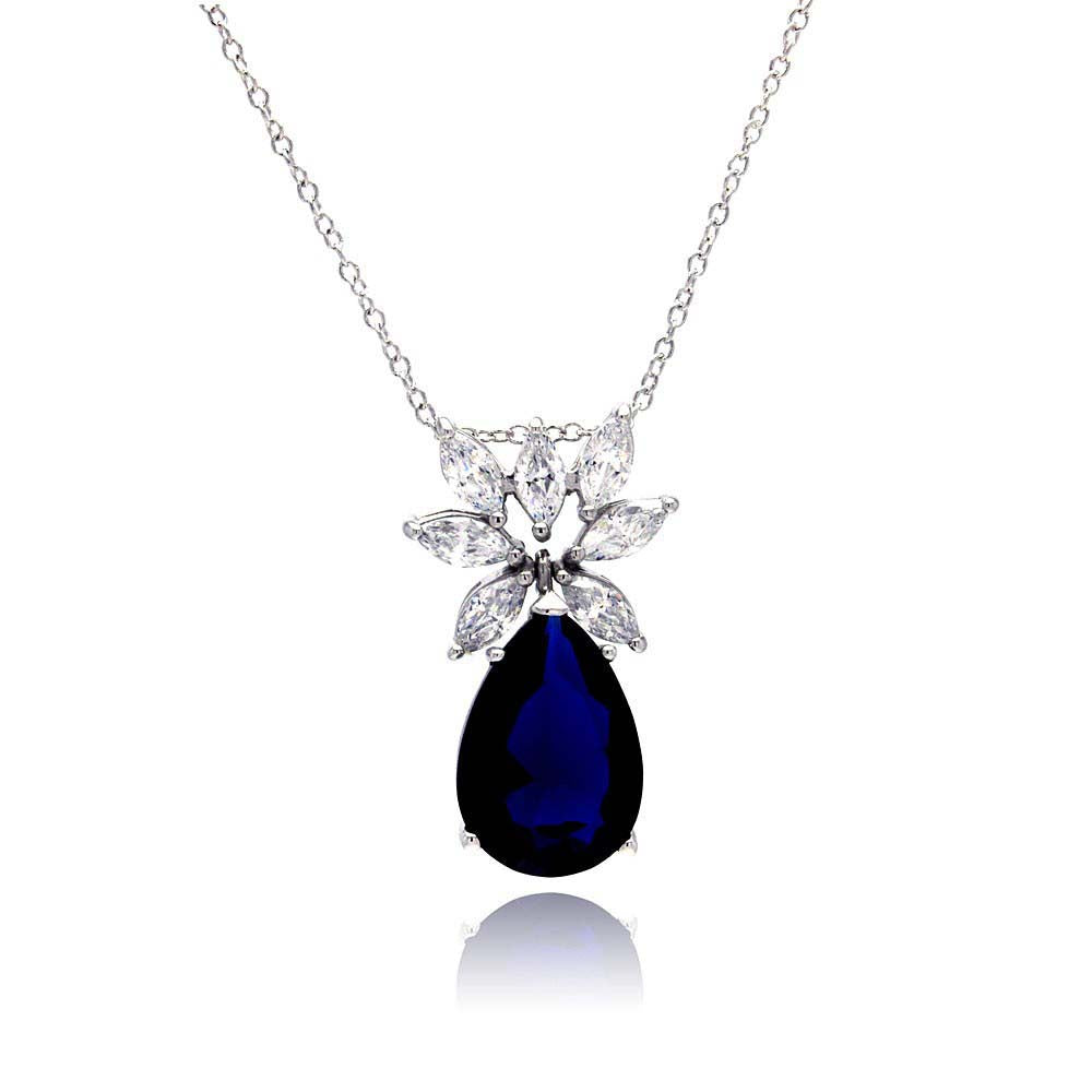 Sterling Silver Necklace with Stylish Marquise Cut Clear Cz Flower Shaped with Pearshape Blue Sapphire Cz Pendant