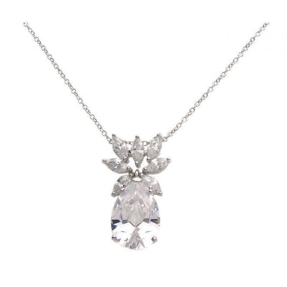Sterling Silver Rhodium Plated Clear CZ and Clear Pear CZ Pendant Necklace