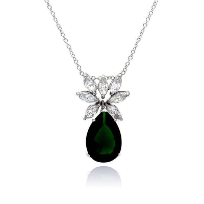 Sterling Silver Rhodium Plated Clear CZ and Green Pear CZ Pendant Necklace