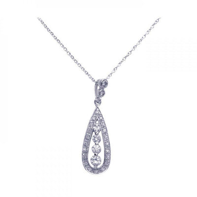 Sterling Silver Necklace with Classy Paved Cz Teardrop Pendant Centered with Graduated Round Cut Clear Czs