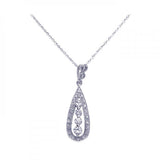 Sterling Silver Necklace with Classy Paved Cz Teardrop Pendant Centered with Graduated Round Cut Clear Czs