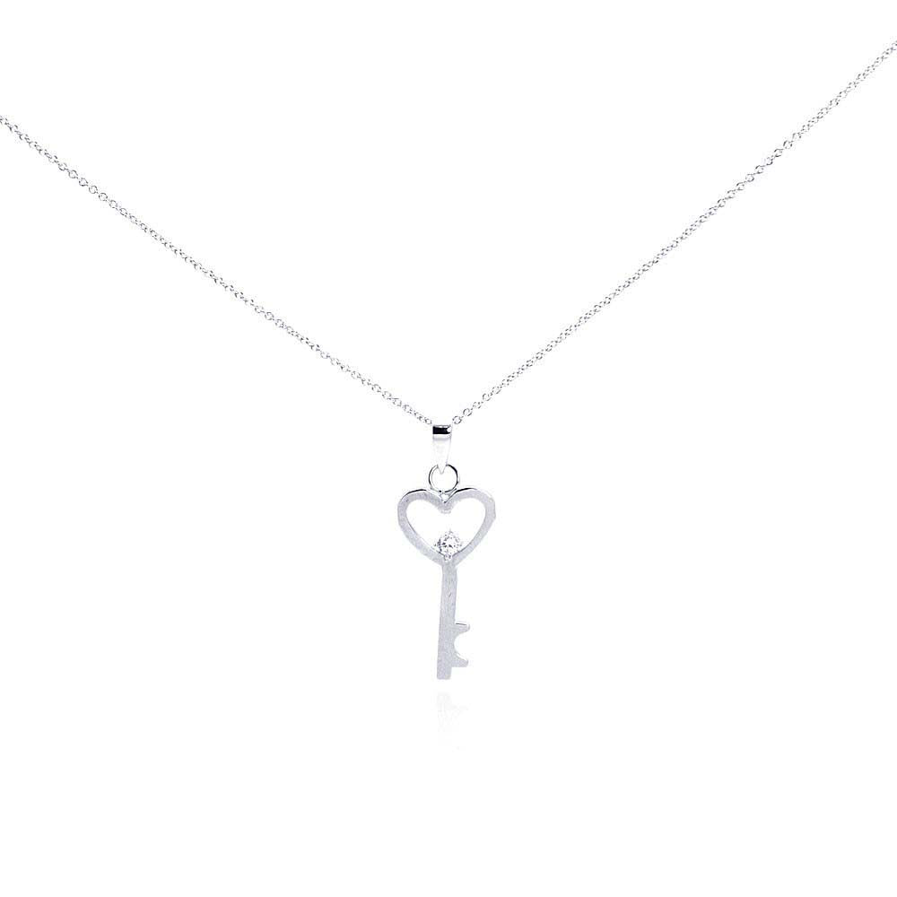 Sterling Silver Necklace with Flat Heart Key and Centered Single Clear Cz Pendant
