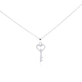 Sterling Silver Necklace with Flat Heart Key and Centered Single Clear Cz Pendant