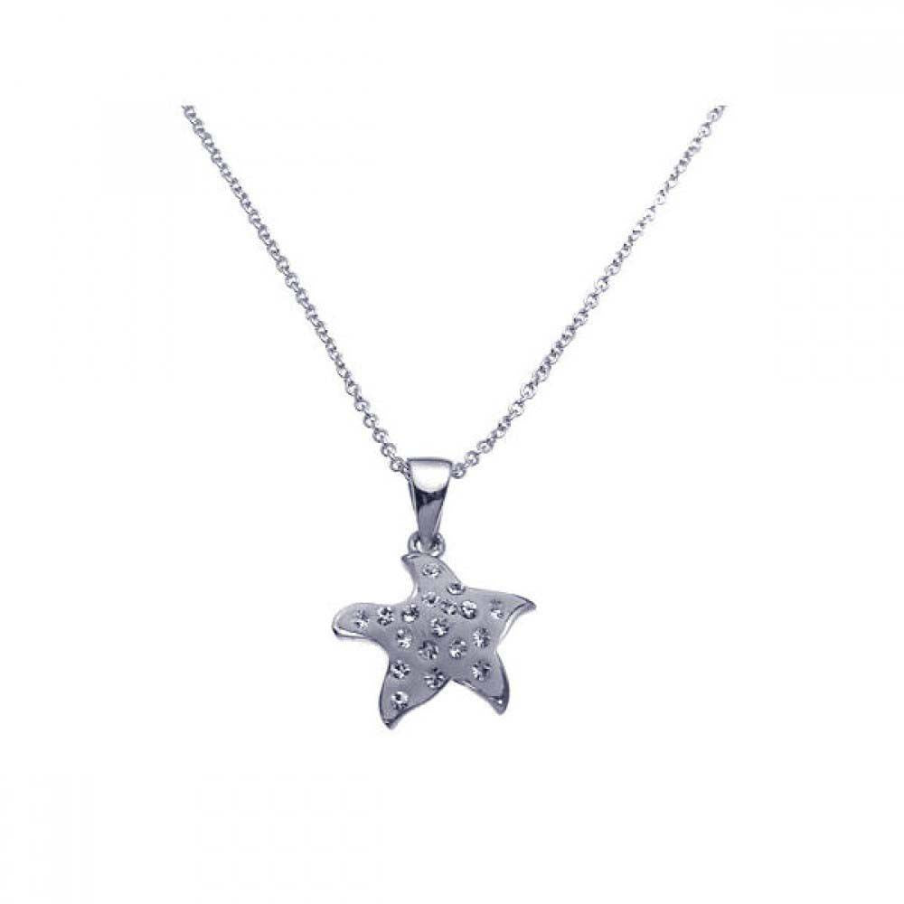 Sterling Silver Necklace with Fancy Small Starfish Inlaid with Clear Czs Pendant