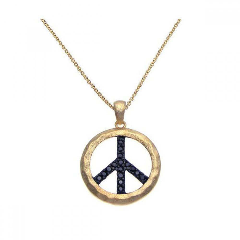 Sterling Silver Gold Plated Necklace with Fancy Matte Finish Peace Sign Inlaid with Micro Paved Black Czs Pendant