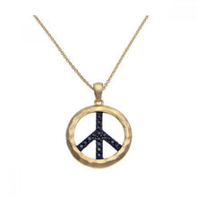 Load image into Gallery viewer, Sterling Silver Gold Plated Necklace with Fancy Matte Finish Peace Sign Inlaid with Micro Paved Black Czs Pendant
